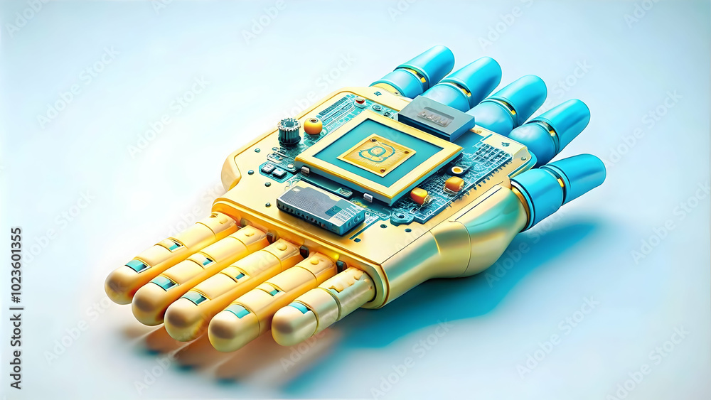 Close up of AI Chip in Robotic Hand: Macro Shot Capturing Intricate Details of AI Technology in Industrial USA Settings Close up of AI Chip in Robotic Hand: Macro Shot Capturing Intricate Details of AI Technology in Industrial USA Settings