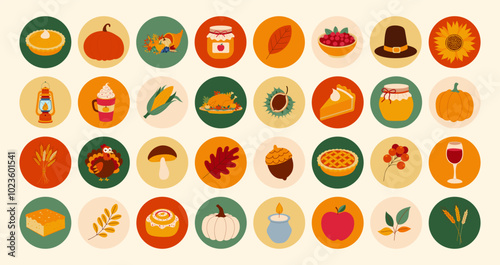 A collection of fall food icons including pies, apples, pumpkins, and wine. The icons are arranged in a grid pattern