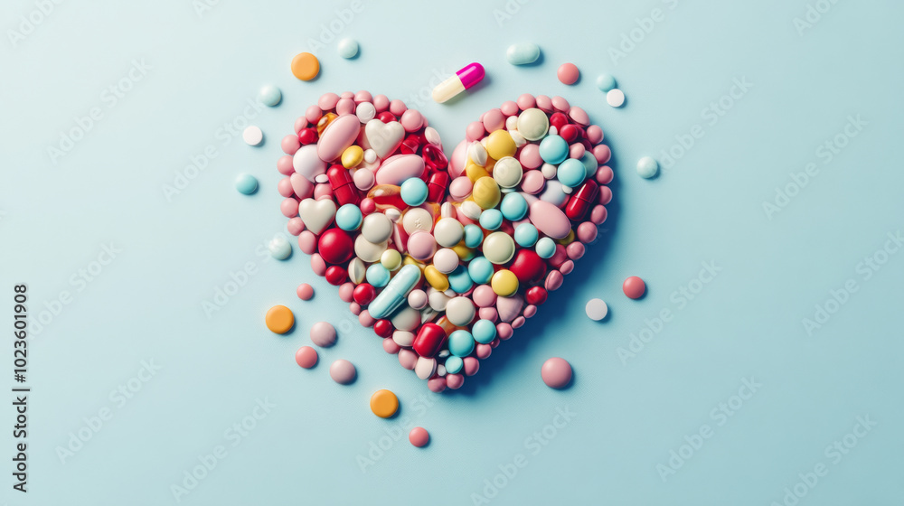 Heart shaped arrangement of various colorful pills on light background Heart shaped arrangement of various colorful pills on light background