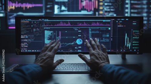 Hands Analyzing Financial Data on Multiple Screens in a Dark Room