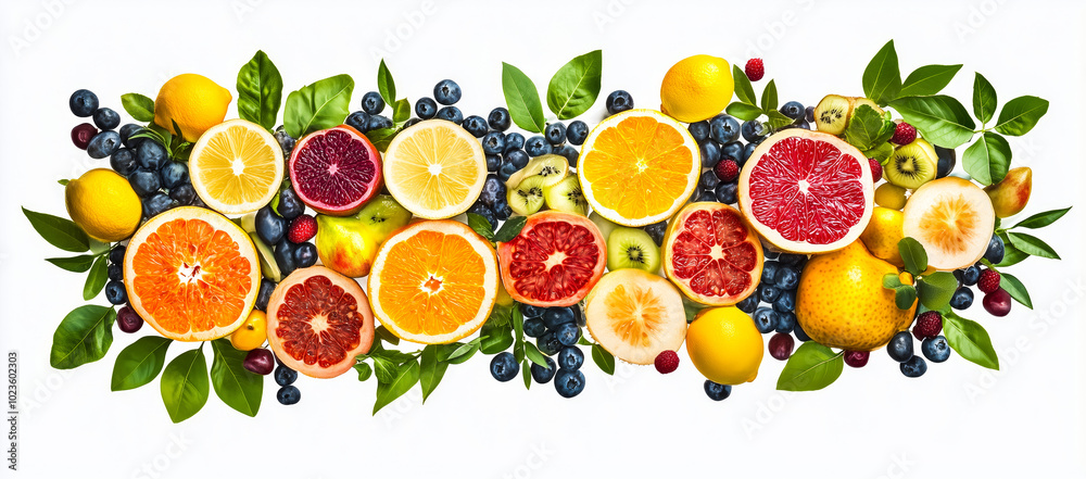 A vibrant array of citrus fruits, berries, and pome fruits, bursting with color and freshness. A vibrant array of citrus fruits, berries, and pome fruits, bursting with color and freshness.