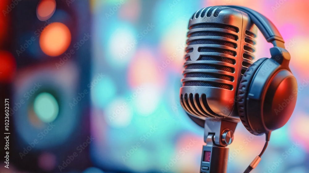 Microphone & Headphones Studio Setup - Live Music Recording, A black microphone and headphones sit on a stand against a backdrop of colorful stage lights. Ideal for music production, broadcasting.