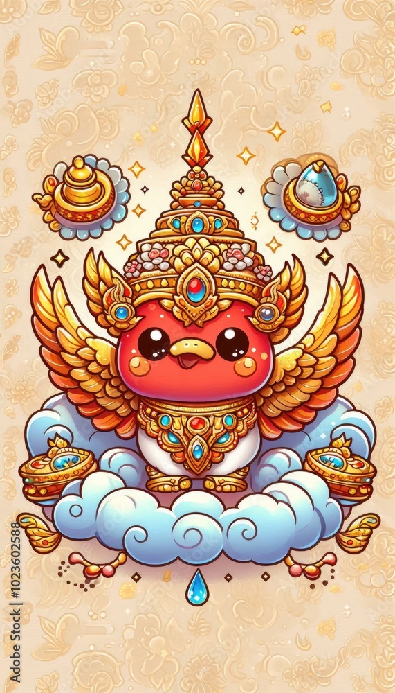 A cute cartoon image of an ancient Thai Garuda with a bright red face, detailed curves and beak, wearing an intricately decorated golden headdress. The Garuda's armor has sparkling blue, orange and li A cute cartoon image of an ancient Thai Garuda with a bright red face, detailed curves and beak, wearing an intricately decorated golden headdress. The Garuda's armor has sparkling blue, orange and li