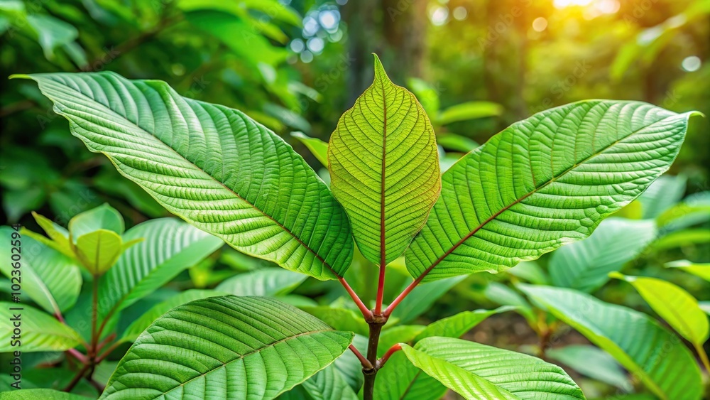 Green leaf background with kratom tree and dark plant leaves Green leaf background with kratom tree and dark plant leaves