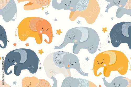 Adorable hand-drawn elephant pattern featuring colorful elephants and flowers, perfect for children's designs and playful decor.