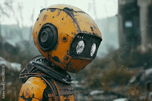 A Rusty Yellow Robot Head Amidst a Post-Apocalyptic Landscape