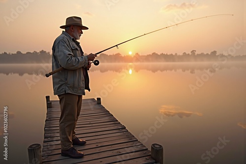 Hispanic fisherman standing on wooden dock at sunrise photo