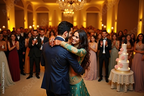 Middle Eastern couple dancing at wedding reception photo