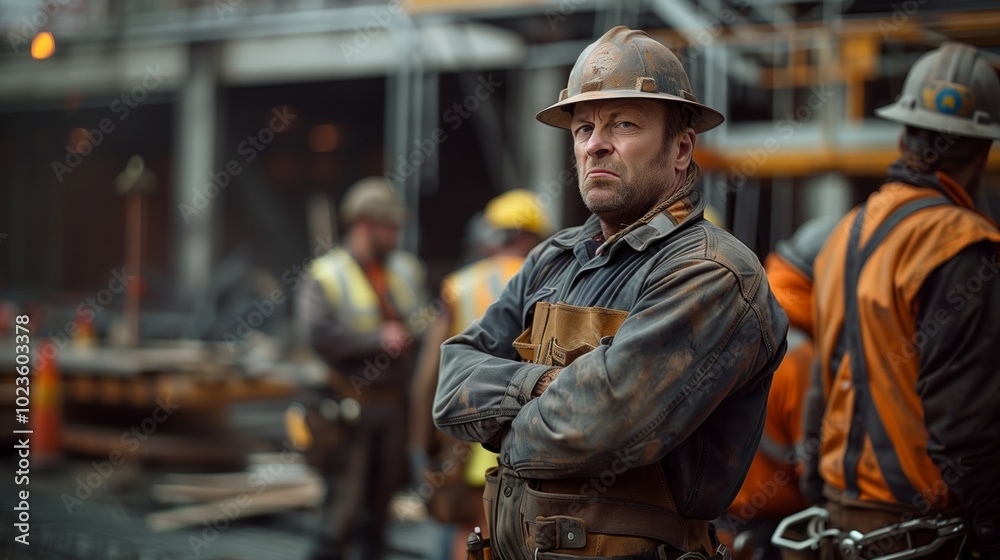 An angry construction worker in a helmet standing on a construction site. He is wearing a tool belt with various tools hanging from it An angry construction worker in a helmet standing on a construction site. He is wearing a tool belt with various tools hanging from it