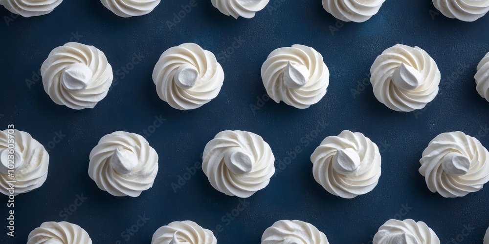 Delicious white meringue cookies arranged in a neat pattern on a dark blue background. Delicious white meringue cookies arranged in a neat pattern on a dark blue background.