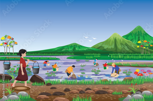A country girl is carrying water, and country people are fishing in the pond. vector design