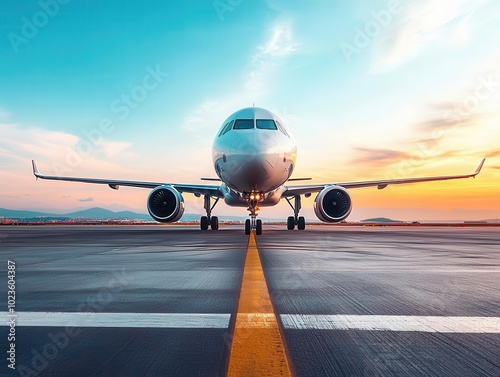 airport runway under a clear sky, a sleek airplane poised for takeoff, showcasing a dynamic perspective that emphasizes speed and excitement in travel photo