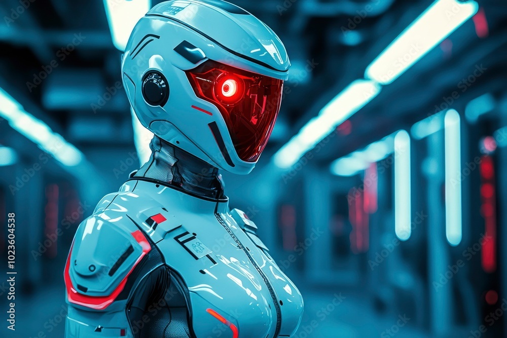 Futuristic Cyborg Woman with Red Eye in White Suit Futuristic Cyborg Woman with Red Eye in White Suit