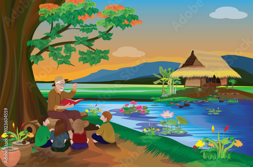 Grandpa is sitting under a big tree by the pond telling stories to the children.vector design