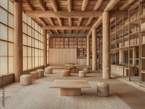 Rustic Japanese-Style Wooden Interior with Soft Natural Lighting