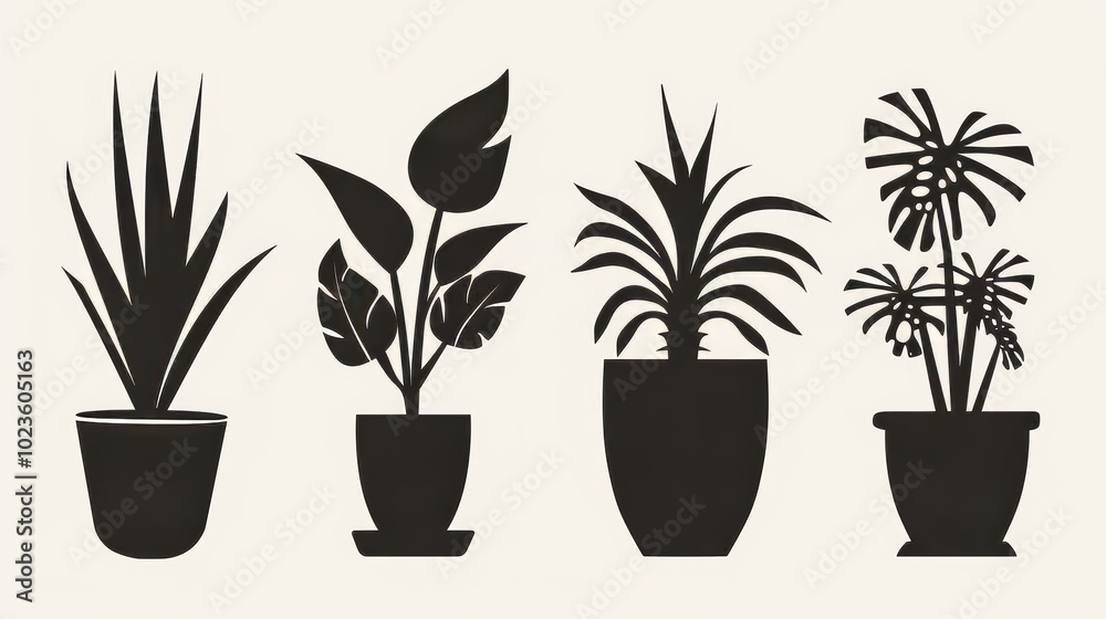 Black silhouettes of four different potted plants in a minimalist design, perfect for modern decor and botanical themes. Black silhouettes of four different potted plants in a minimalist design, perfect for modern decor and botanical themes.
