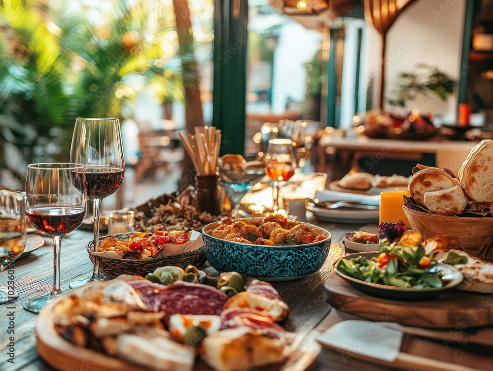 Fototapeta premium an elegant restaurant table set for tapas, featuring a variety of colorful appetizers under soft romantic lighting, creating an inviting and intimate dining experience