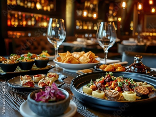 an elegant restaurant table set for tapas, featuring a variety of colorful appetizers under soft romantic lighting, creating an inviting and intimate dining experience