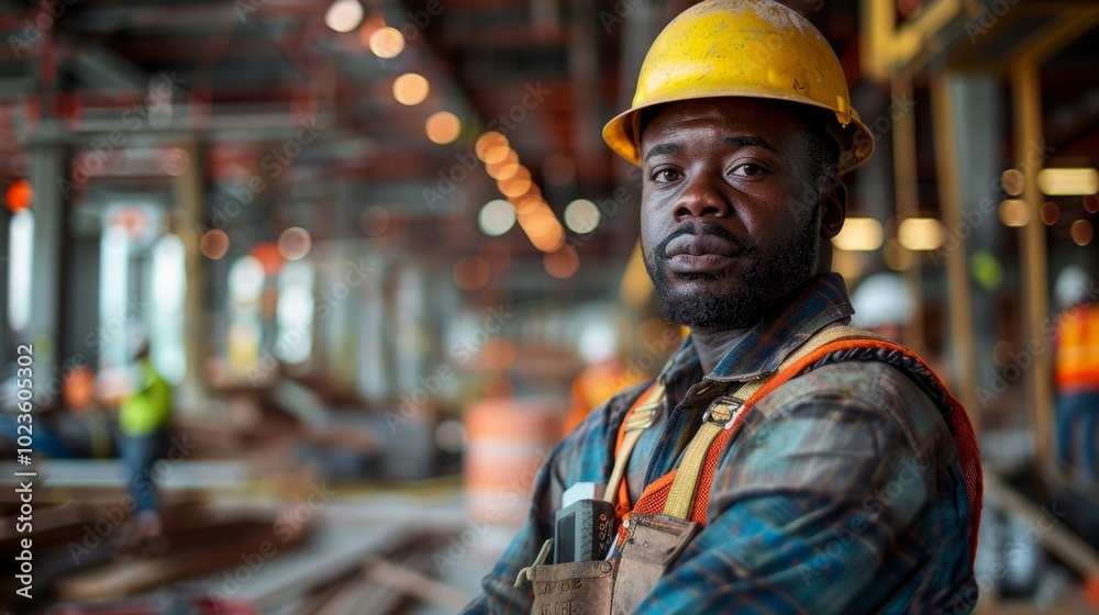 Worker in warehouse or a construction worker in orange safety vest and helmet standing on a construction site. He is wearing a tool belt with various tools hanging from it