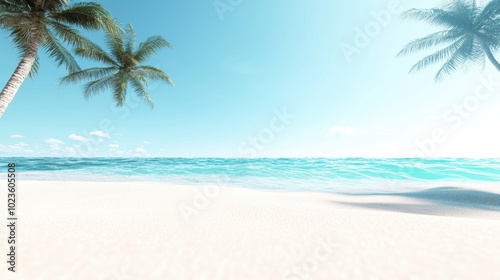 A peaceful beach with soft sand, clear turquoise water, and a gentle breeze rustling through the palm trees.