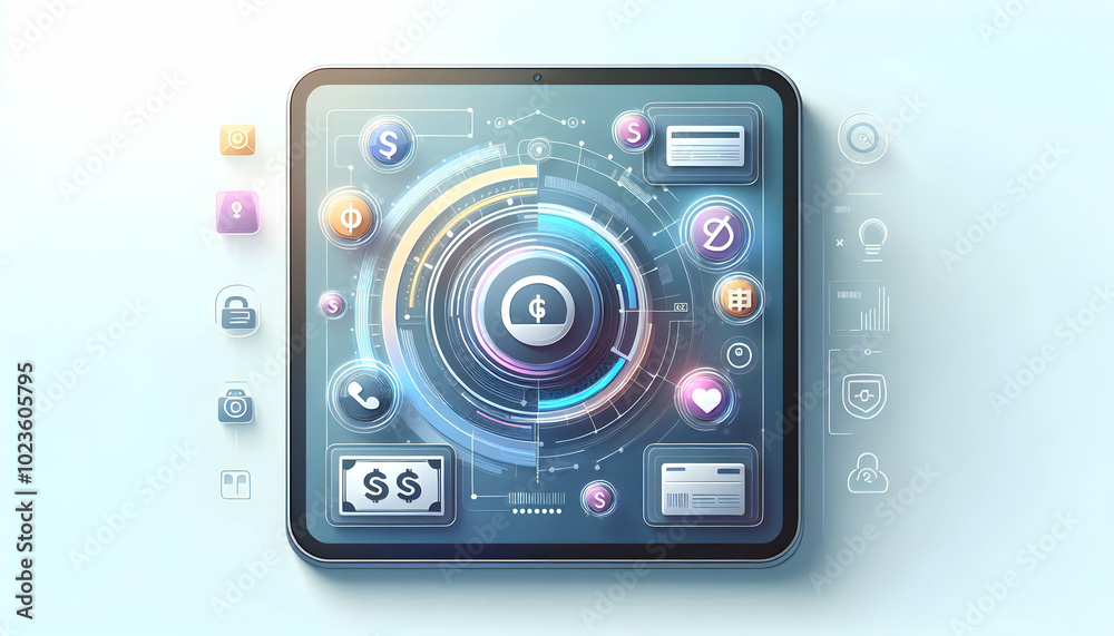 Flat Holographic Tablet on Glossy White Background with Floating Payment and Promotion Icons | Modern Vector Illustration for Digital Marketing Content Flat Holographic Tablet on Glossy White Background with Floating Payment and Promotion Icons | Modern Vector Illustration for Digital Marketing Content