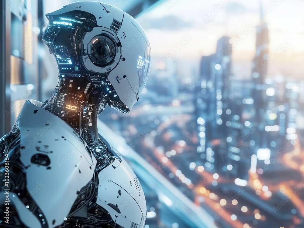 artificial intelligence overlooking a futuristic smart city, analyzing data traffic and ensuring safety, depicting the synergy between technology and urban infrastructure artificial intelligence overlooking a futuristic smart city, analyzing data traffic and ensuring safety, depicting the synergy between technology and urban infrastructure