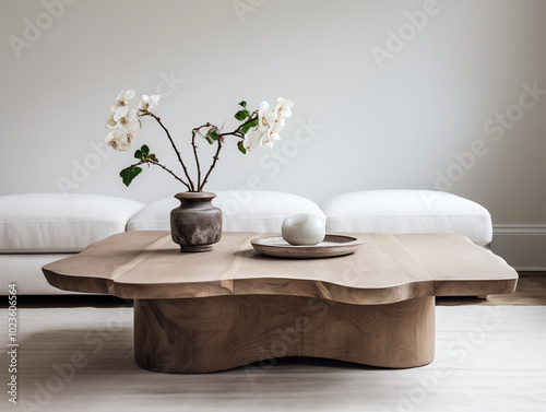 Scallopped shape wooden coffee table with vase photo