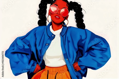 Video of flat illustration of an animated woman with black hair in pigtails, wearing an oversized blue jacket and yellow pants, a white shirt under the jacket, and red sunglasses on her face, in a dan