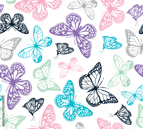 Seamless pattern of a variety of pink, purple, green, blue, black and gray butterflies on a white background