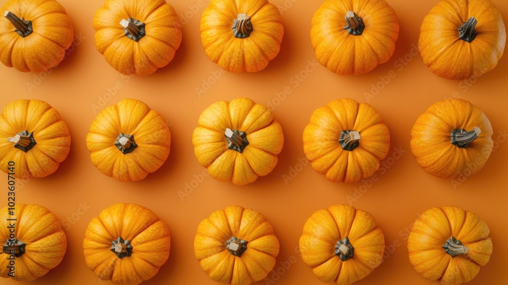 Overhead view of Halloween pumpkins on a solid background Overhead view of Halloween pumpkins on a solid background