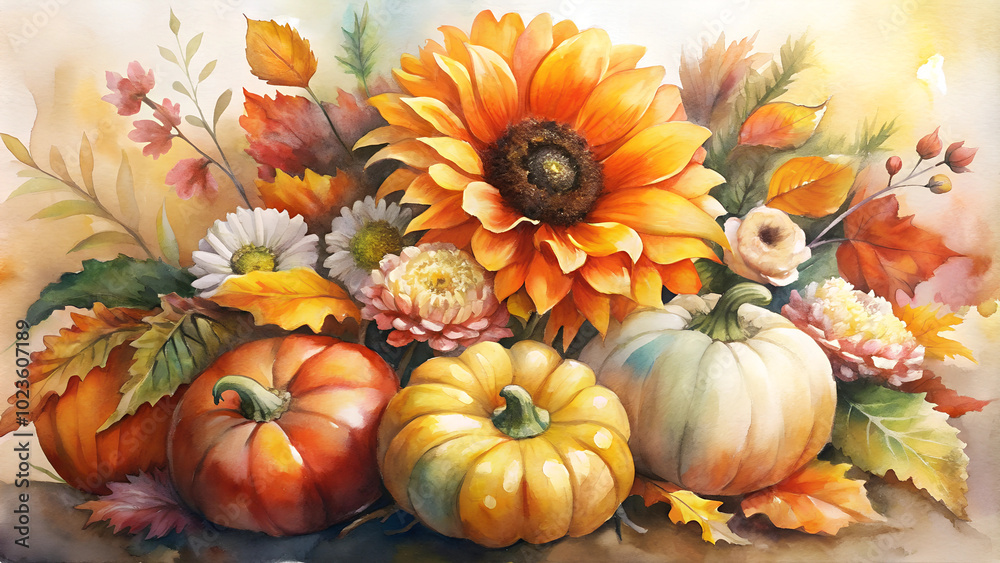 Autumn still life with pumpkins, sunflowers and colorful leaves in watercolor style
