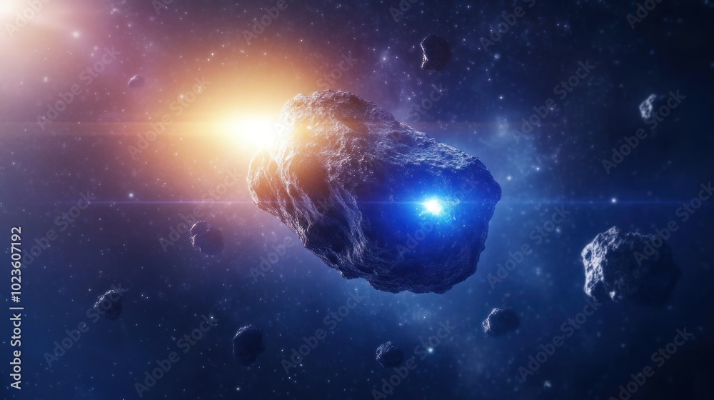 Obraz premium A cosmic scene featuring asteroids illuminated by distant stars in a vast galaxy.