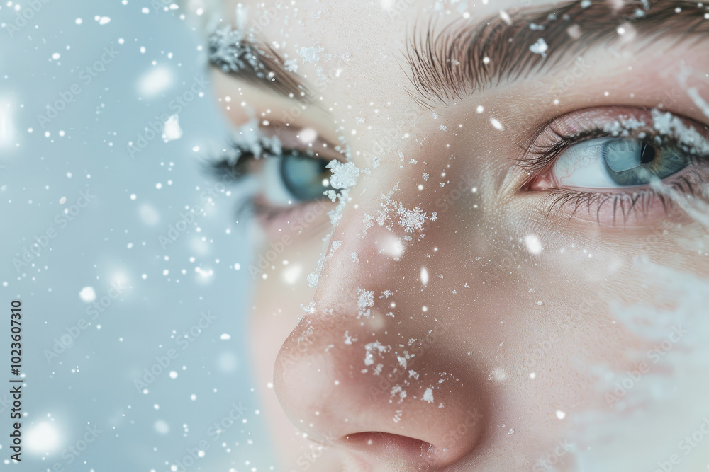 A woman with snow on her face and blue eyes A woman with snow on her face and blue eyes