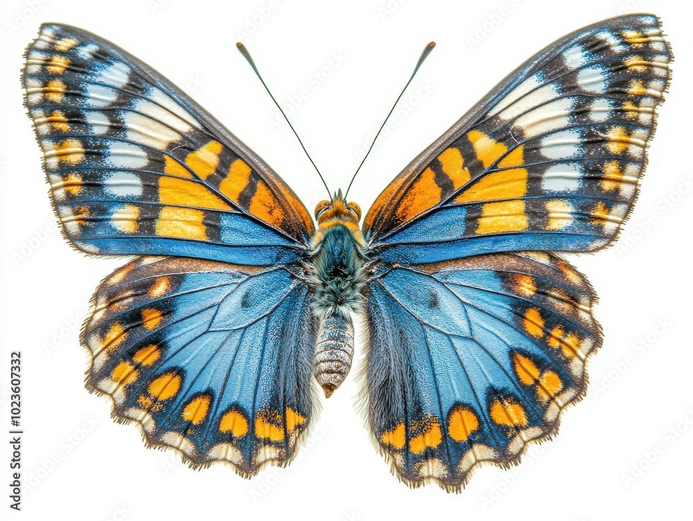 Obraz premium beautiful blue, yellow, and orange butterfly in mid-flight, wings spread wide, isolated against a white background, showcasing the delicate beauty of nature's creations
