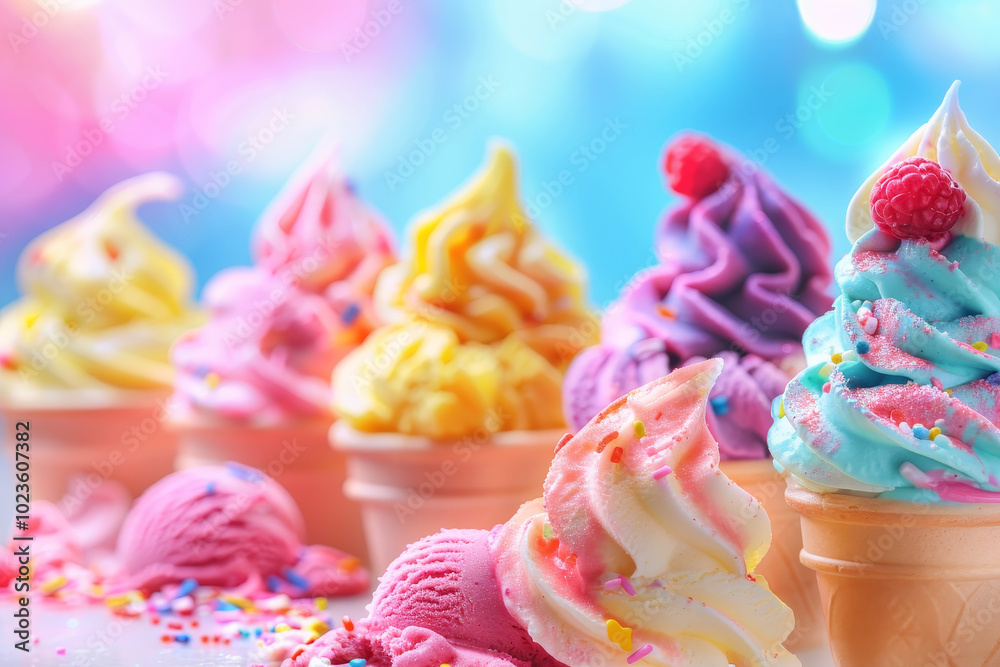 A row of colorful ice cream cones with sprinkles on top A row of colorful ice cream cones with sprinkles on top