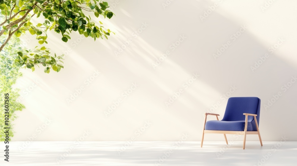 Fototapeta premium A minimalist room with a single chair and a window overlooking a peaceful garden, inviting a moment of quiet contemplation.