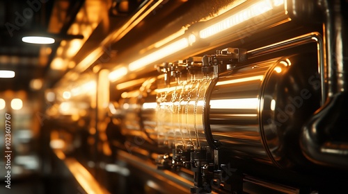 Close-up view of a metal industrial machine with pipes and lights.