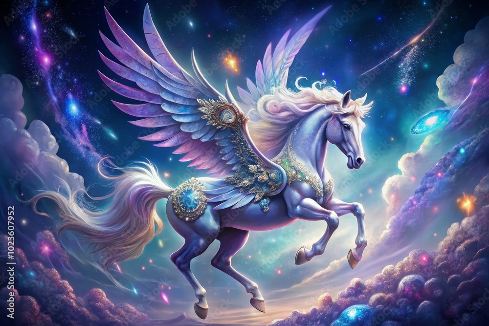 A majestic winged horse made of shimmering moonstone and opals soars through a sky of sapphire and amethyst, leaving a trail of glittering stardust in its wake. A majestic winged horse made of shimmering moonstone and opals soars through a sky of sapphire and amethyst, leaving a trail of glittering stardust in its wake.