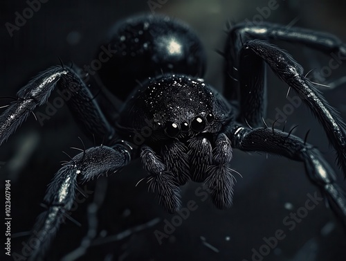 black spider with intricate details, posed menacingly against a dark backdrop, its glossy body catching the light, creating an eerie atmosphere perfect for halloween-themed visuals