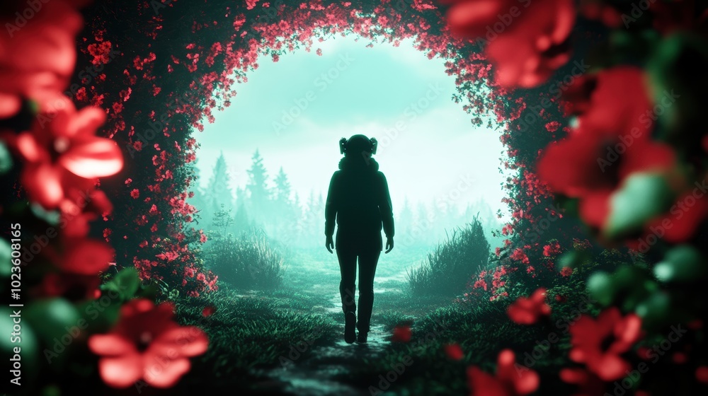 Fototapeta premium A person walking through a virtual forest, surrounded by realistic flora and fauna, emphasizing the immersive potential of virtual reality.