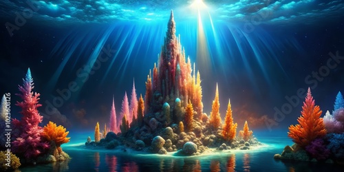 A towering, crystalline coral spire piercing the surface of a midnight-blue ocean, radiating a kaleidoscope of colors.