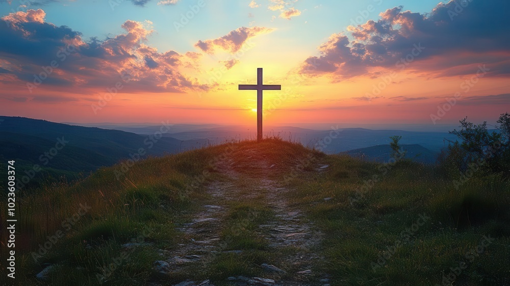 silhouetted cross standing tall on a hill during holy week bathed in soft twilight hues evoking a sense of peace and reflection as the sun sets behind the horizon