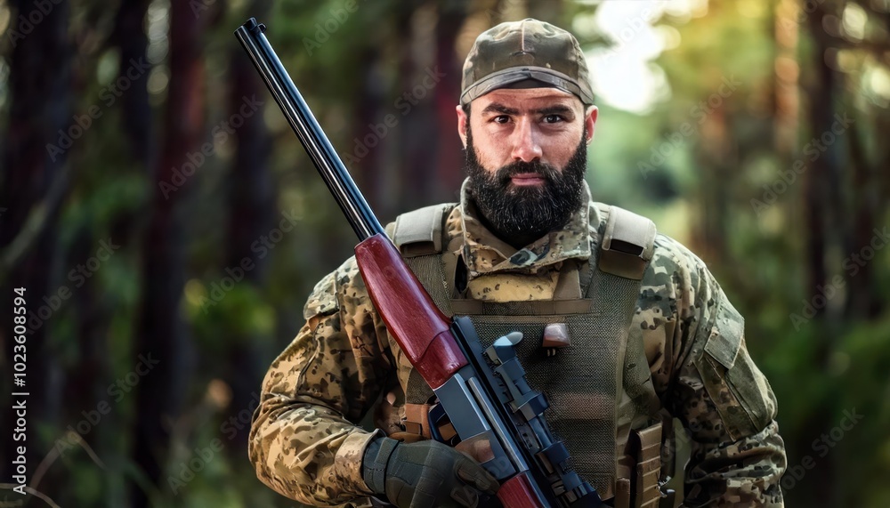 Hunter with rifle in camouflage clothing stalking in the forest Hunter with rifle in camouflage clothing stalking in the forest