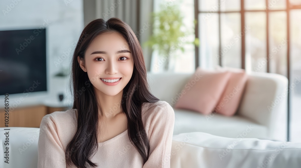Beautiful young smiling Asian woman sitting on a couch and looking into camera in modern style living room Beautiful young smiling Asian woman sitting on a couch and looking into camera in modern style living room