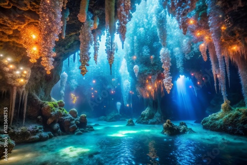 Underwater cave system, where the walls are lined with glittering, fluorescent coral crystals, and the air is filled with shimmering, ethereal mist.