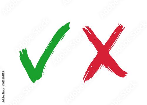Hand drawn checklist symbols. Green check mark and red cross mark vector icons.