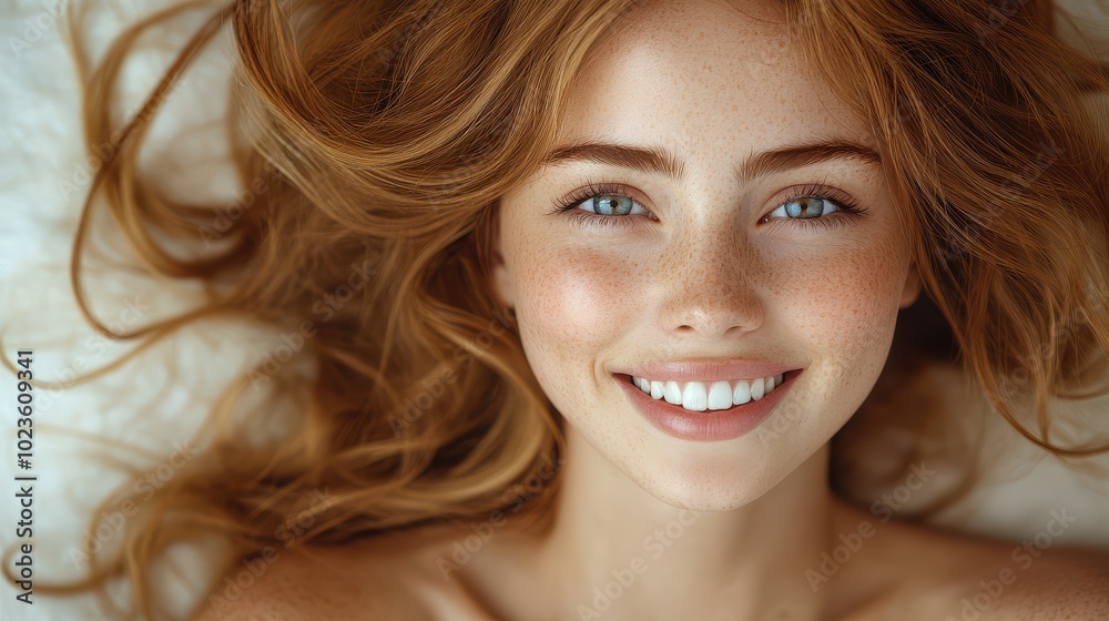 Close-up portrait of a young woman with freckles and long red hair, smiling brightly