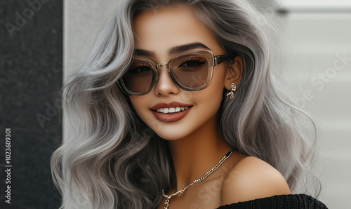 Young Woman with Stunning Gray Hair and Trendy Sunglasses Posing Confidently on a City Street photo