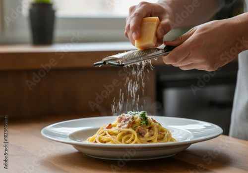 Chef grating cheese over a plate of pasta carbonara, creating a final touch to this classic italian dish