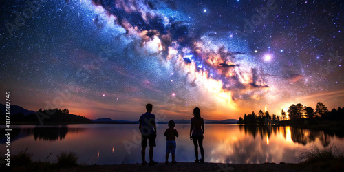 Family silhouettes by a calm lake, gazing at the vibrant Milky Way above in awe
